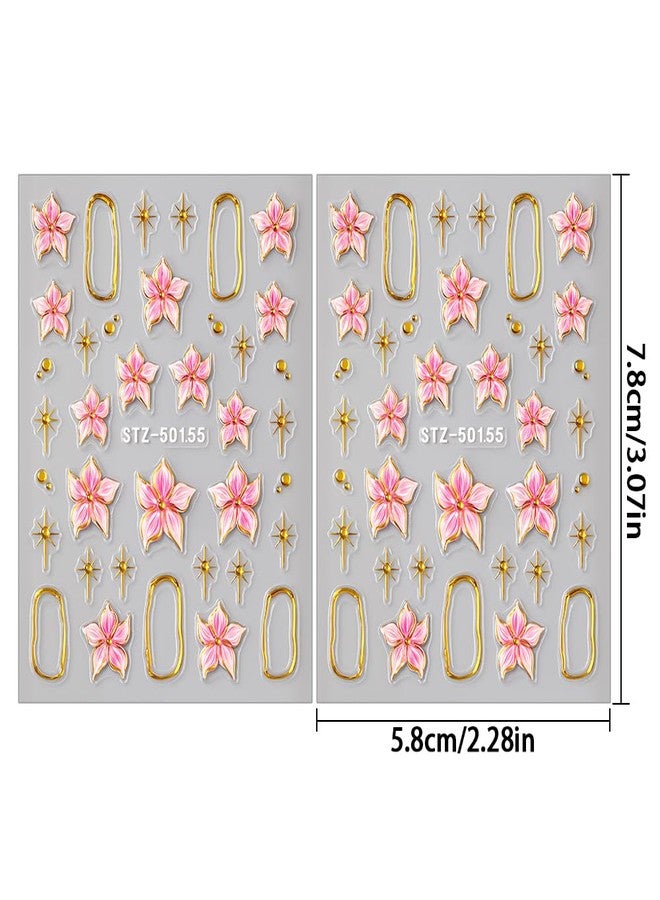 JALIYA 2pcs 5D Embossed Hibiscus Flower Nail Stickers Ice Flower Nail Decals Pink Flowers With Golden Metal Ring Charm Self-Adhesive Sticker Nails for Women Floral Decor Nail Art Sticker Manicure Decorations - Image 5